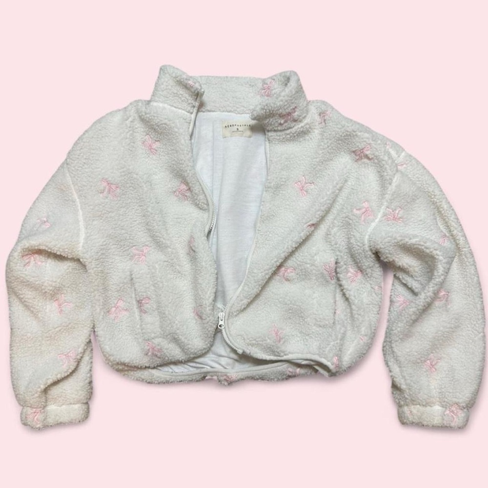 Aeropostale White Fleece Jacket with Pink Bow Details | Cozy Cute